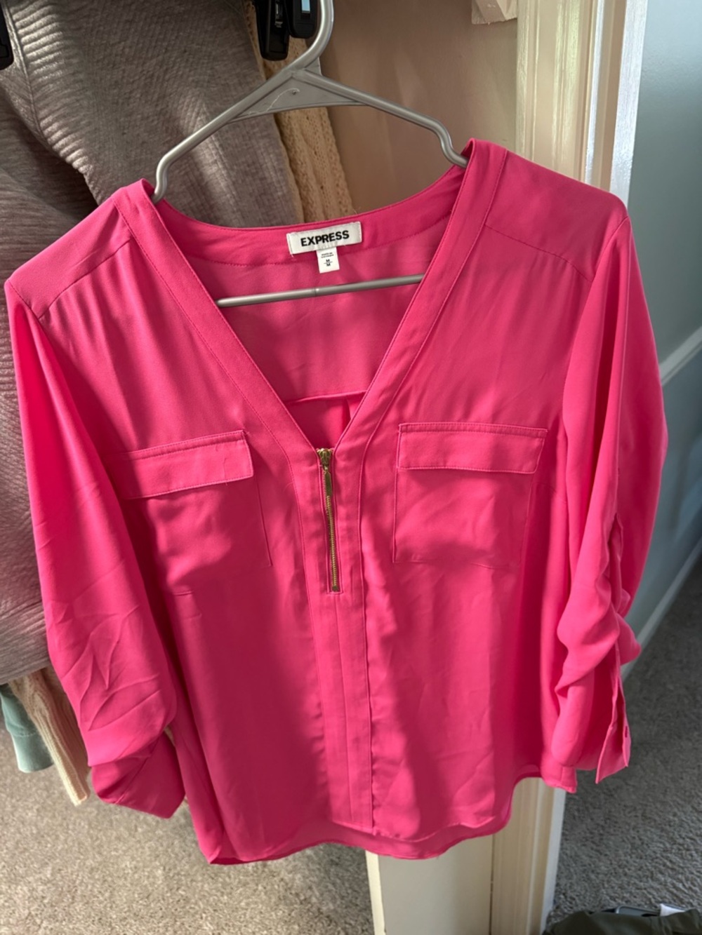 Express Bright Pink Zip-Front V-Neck Blouse